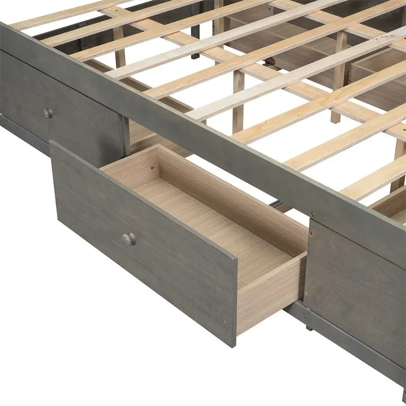 Lit plateforme King Size avec tête de lit de rangement et 8 tiroirs