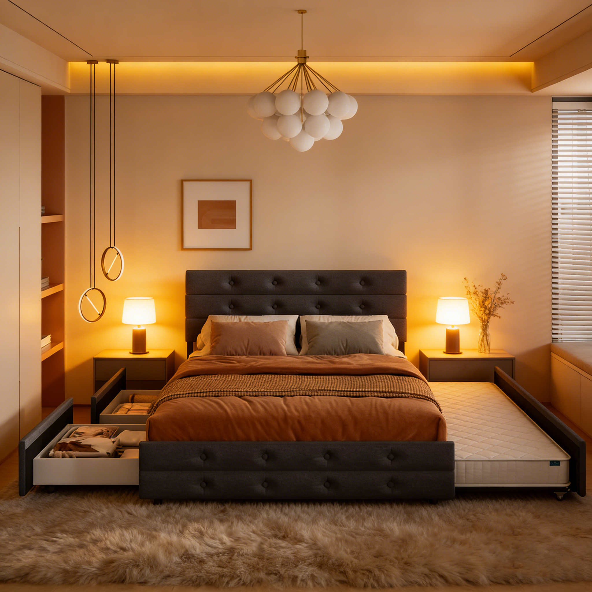 Queen Size Upholstered Linen Fabric Trundle bed with drawers Grey