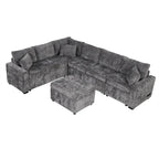 Canapé d'angle en chenille convertible, canapé-lit en forme de L avec pouf de rangement, 3 oreillers et dispositifs de charge