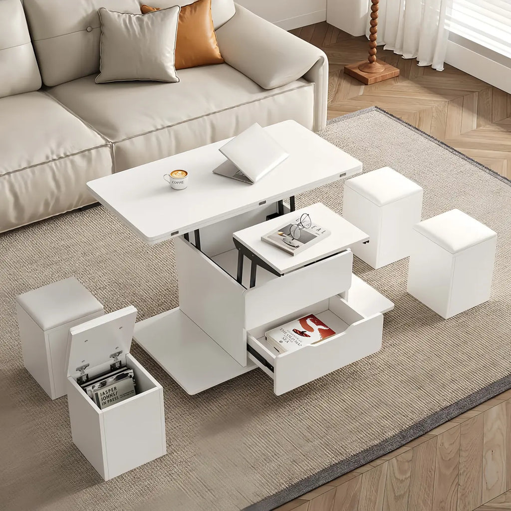 Table basse relevable pliable avec 4 tabourets et rangement