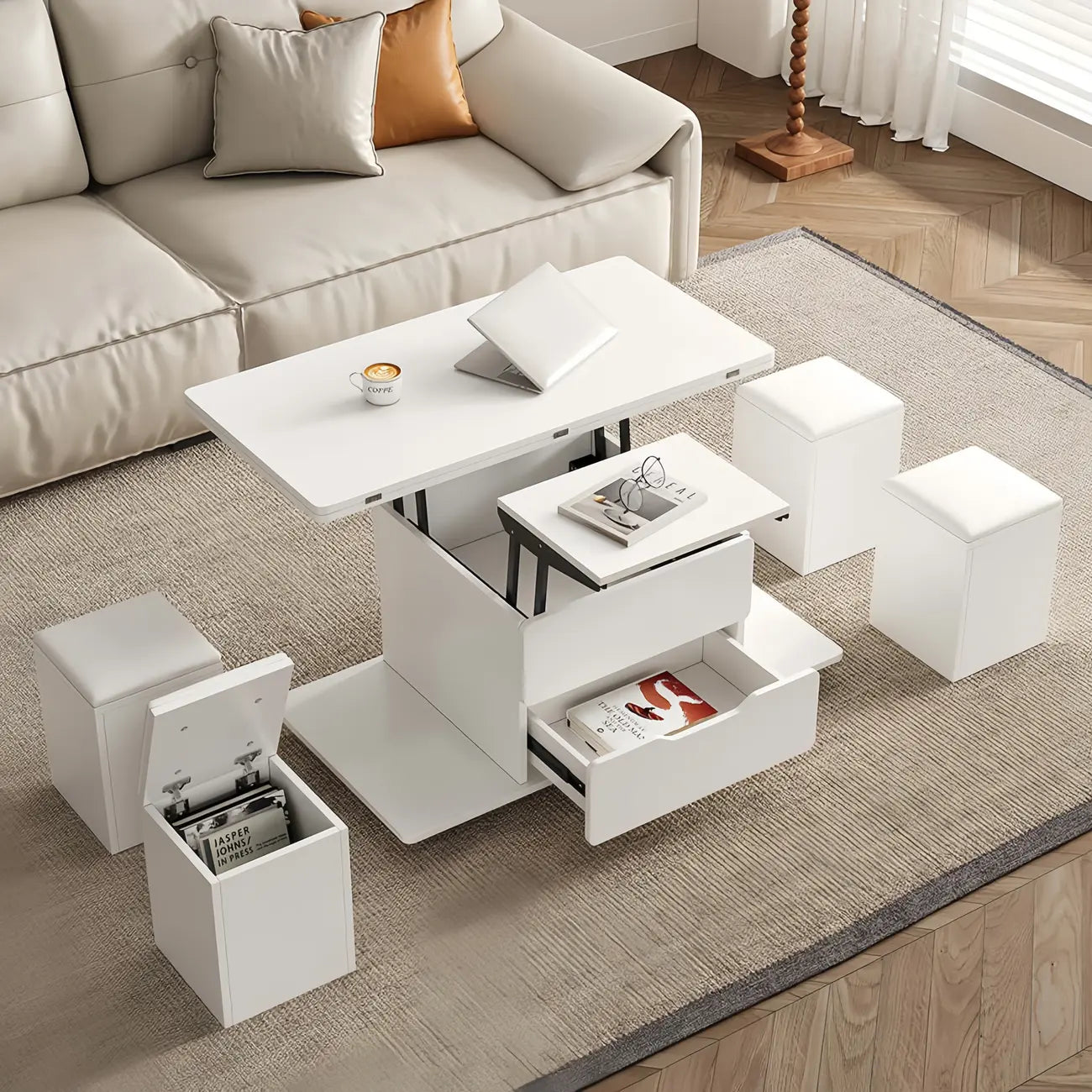 Table basse relevable pliable avec 4 tabourets et rangement
