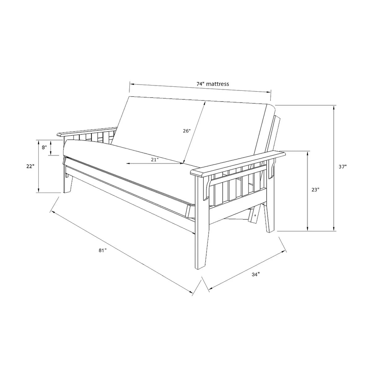 Ensemble futon rustique en noyer grand format avec matelas