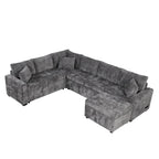 Canapé d'angle en chenille convertible, canapé-lit en forme de L avec pouf de rangement, 3 oreillers et dispositifs de charge