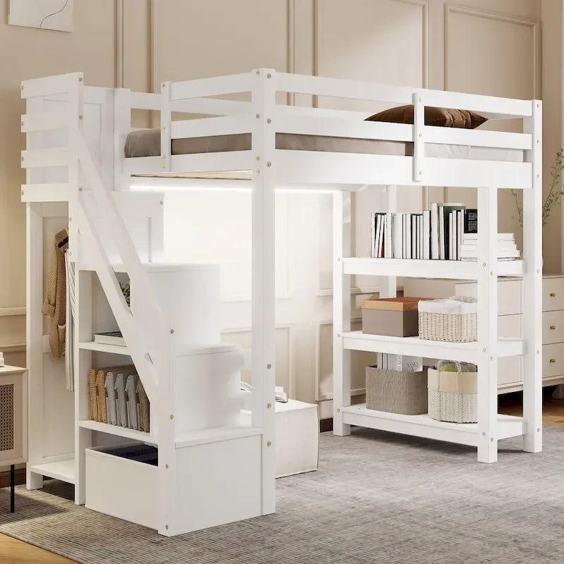 Lit mezzanine simple/double avec escalier de rangement - Étagères, armoire et lumière LED, design peu encombrant