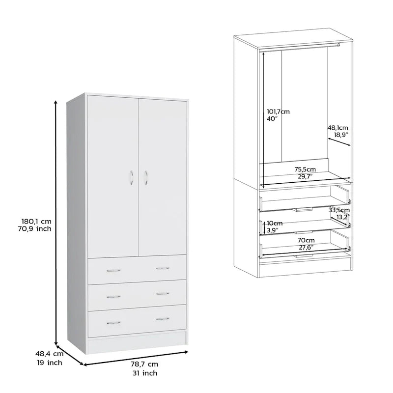 19 Armoire moderne à deux portes avec 3 tiroirs et 1 tringle de penderie pour chambre à coucher