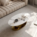 Table basse ovale moderne Pandora 51 avec plateau en pierre frittée brillante, table basse de luxe, pieds en acier inoxydable pour salon