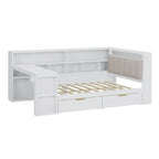 Canapé-lit d'angle en bois en forme de L avec bureau, bibliothèque, lit d'angle avec tiroirs de rangement, tête de lit rembourrée et éclairage intégré