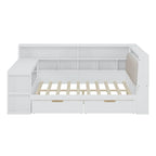 Canapé-lit d'angle en bois en forme de L avec bureau, bibliothèque, lit d'angle avec tiroirs de rangement, tête de lit rembourrée et éclairage intégré