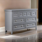 Commode Cile de 56 pouces, 7 tiroirs coulissants, bois gris, poignées rondes nickelées