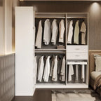 Armoire d'angle avec 2 tringles, un porte-pantalons et un rangement à chaussures