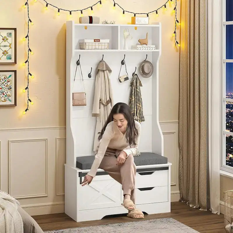 Meuble d'entrée avec banc, rangement à chaussures et patères porte-manteaux, style porte de grange
