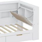 Canapé-lit d'angle en bois en forme de L avec bureau, bibliothèque, lit d'angle avec tiroirs de rangement, tête de lit rembourrée et éclairage intégré