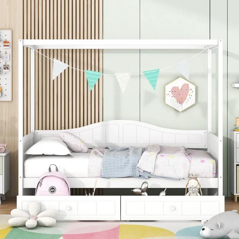 Twin Size Wood Canopy Day Bed with 2 Drawers