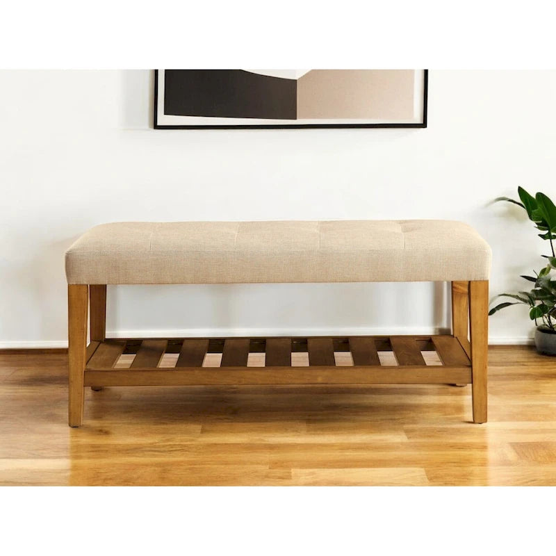 HomeRoots 40 Beige and Brown Upholstered Polyester Bench with Shelves
