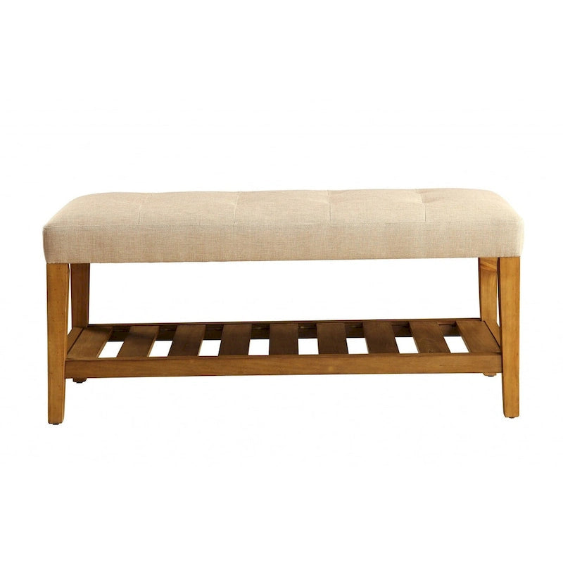 40-Inch Beige and Brown Upholstered Polyester Bench (with Storage Shelf)