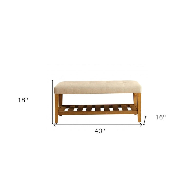 40-Inch Beige and Brown Upholstered Polyester Bench (with Storage Shelf)