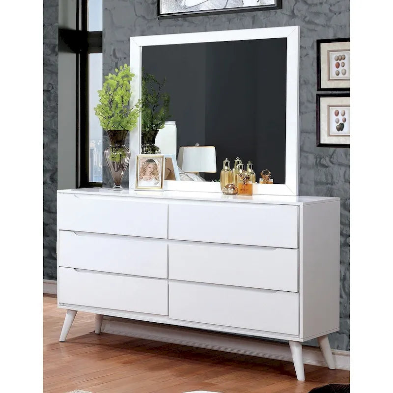 Commode et miroir de style Mid-Century Modern, 6 tiroirs (2 pièces)