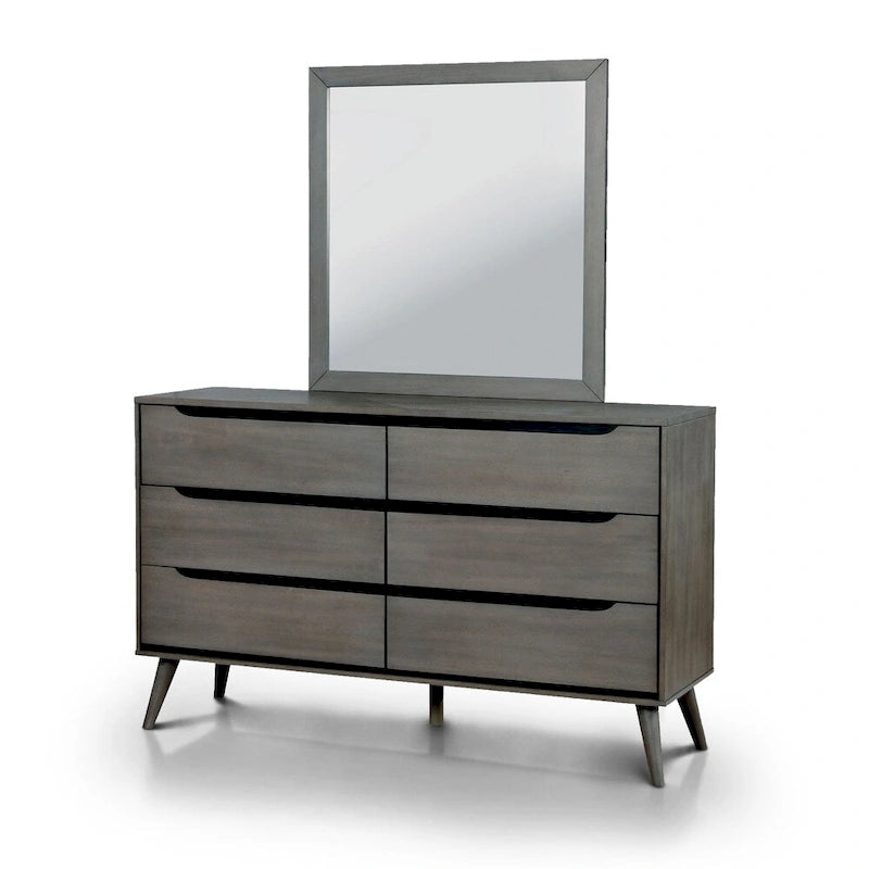 Commode et miroir de style Mid-Century Modern, 6 tiroirs (2 pièces)