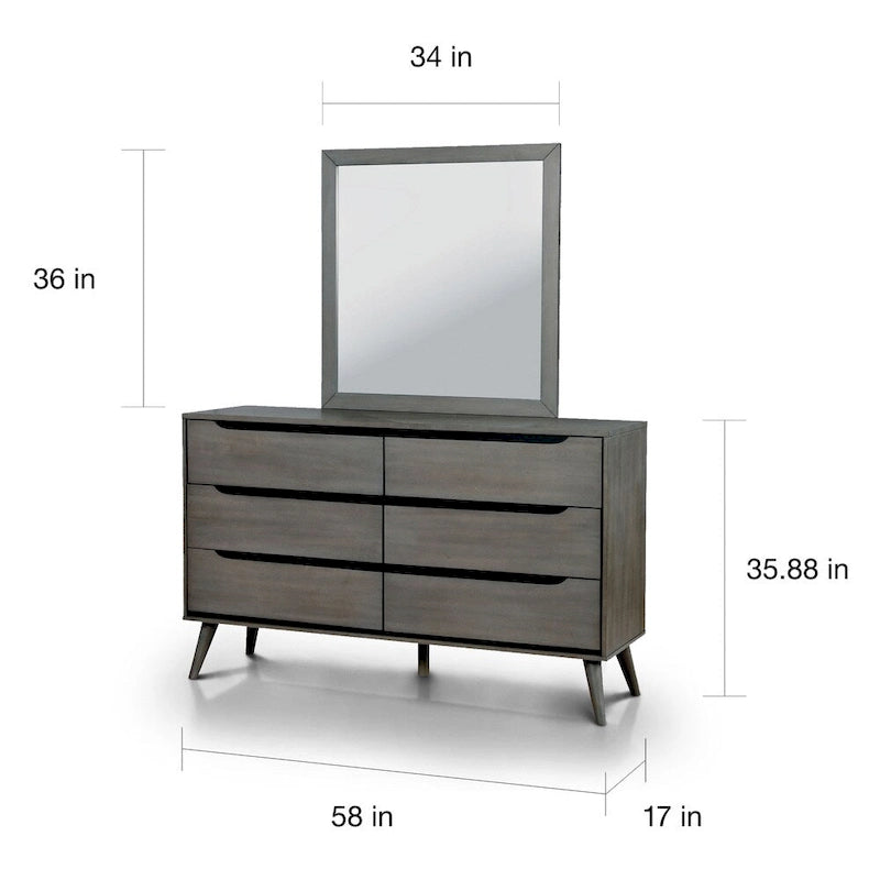 Commode et miroir de style Mid-Century Modern, 6 tiroirs (2 pièces)