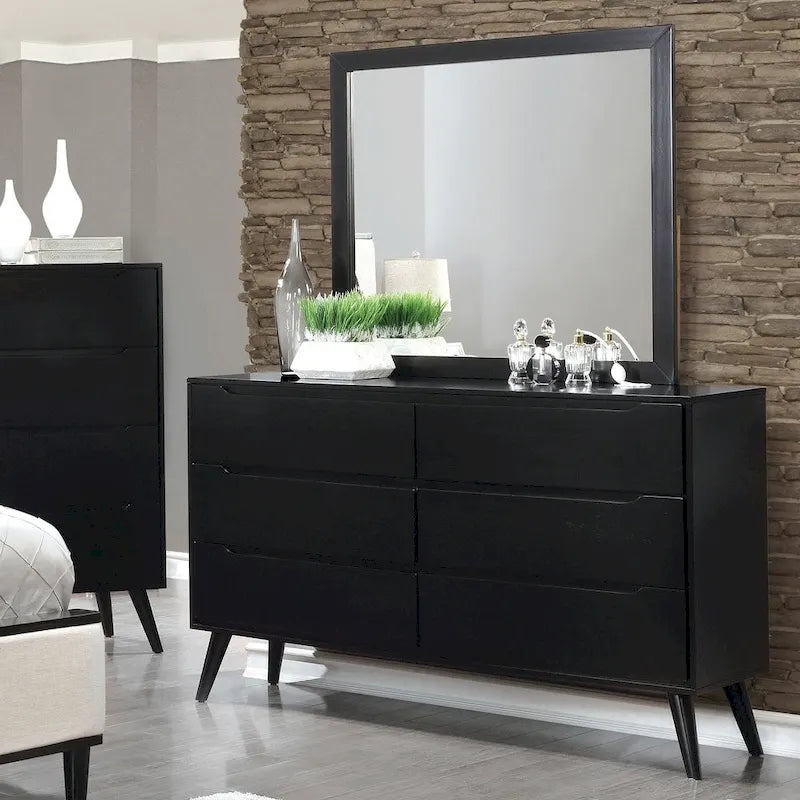 Commode et miroir de style Mid-Century Modern, 6 tiroirs (2 pièces)