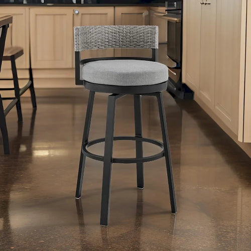 Ella 30 Inch Modern Outdoor Patio Swivel Bar Stool, Aluminum, Gray, Black