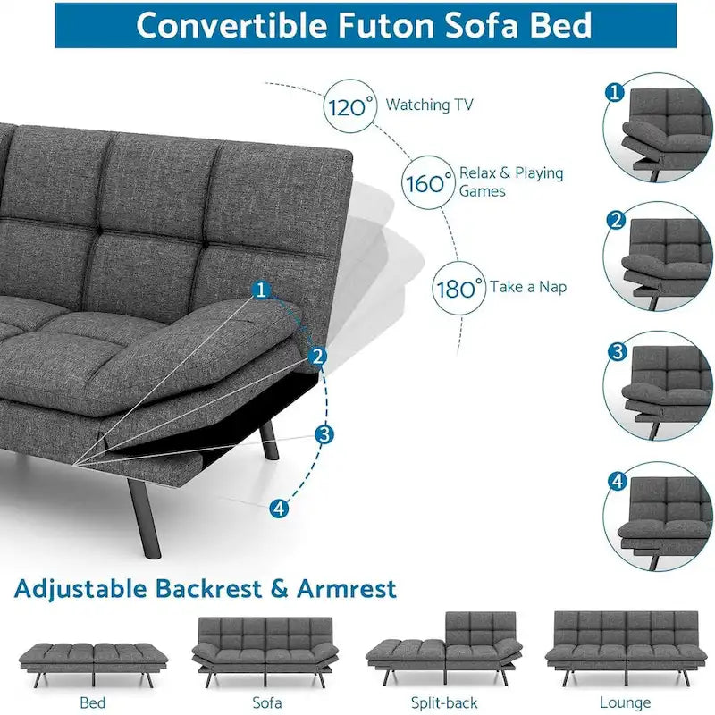 Memory Foam Futon Couch Bed Convertible Sofa with Adjustable Splitback for Compact Living Space
