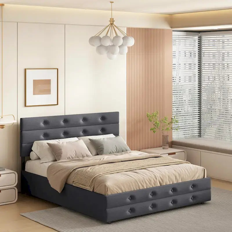 Lit gigogne capitonné en tissu de lin Queen Size avec tiroirs gris