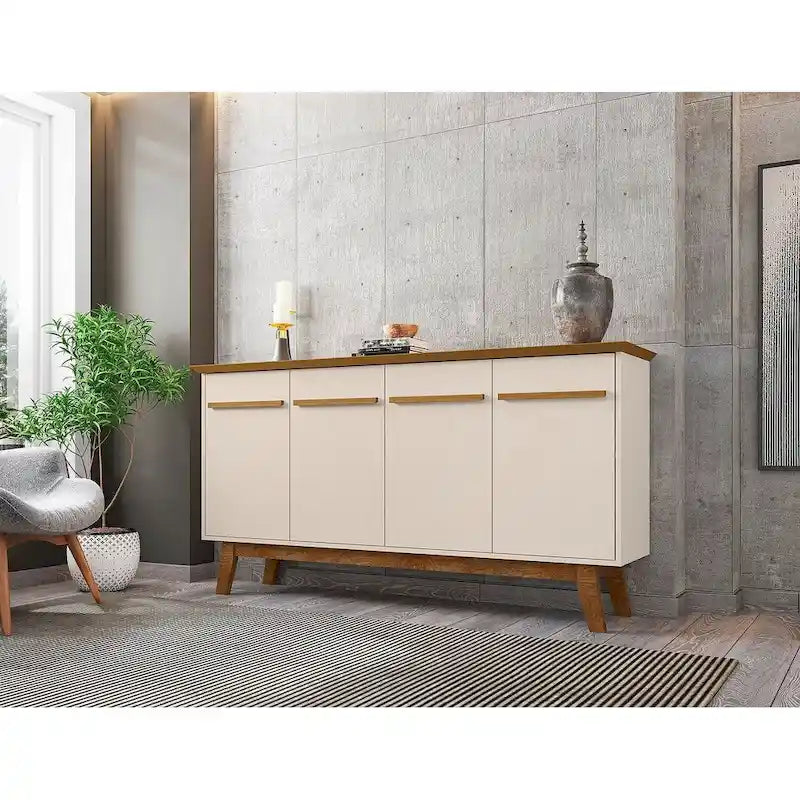 62.99 Meuble d'appoint — Pieds en bois massif, conception à double porte ; Couleurs : blanc crème et cannelle
