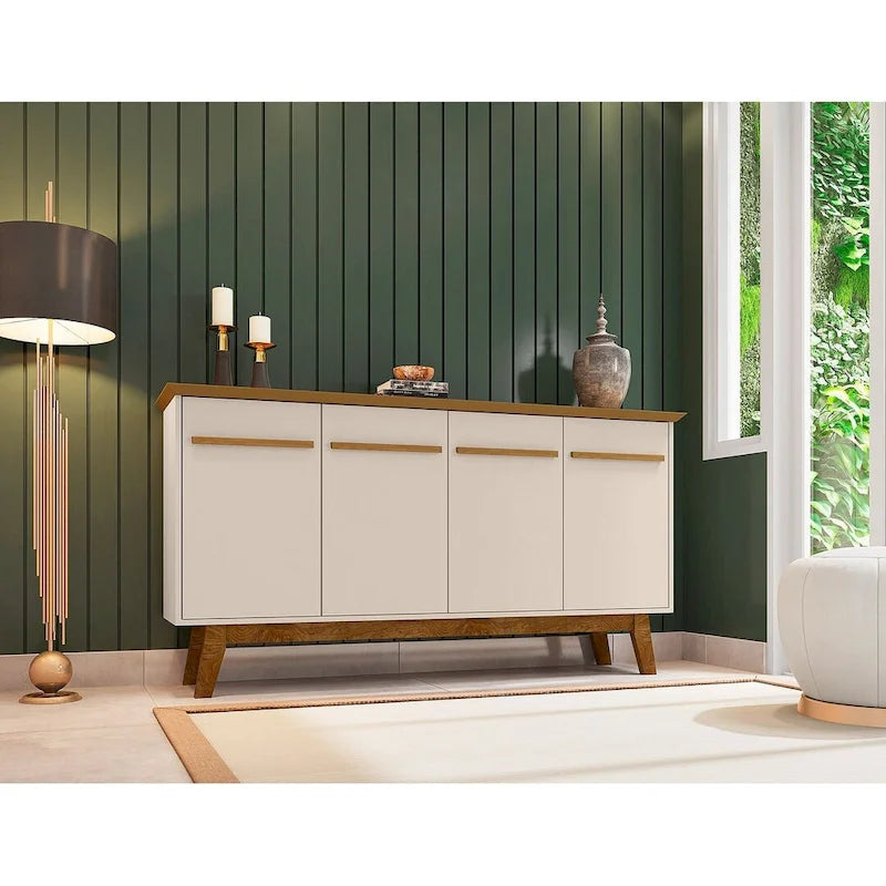 62.99 Meuble d'appoint — Pieds en bois massif, conception à double porte ; Couleurs : blanc crème et cannelle