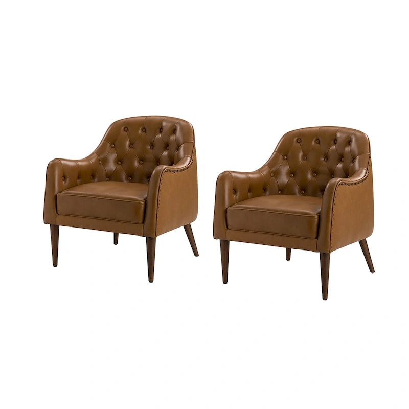 Classic Genuine Leather Barrel Chair With Wooden Legs