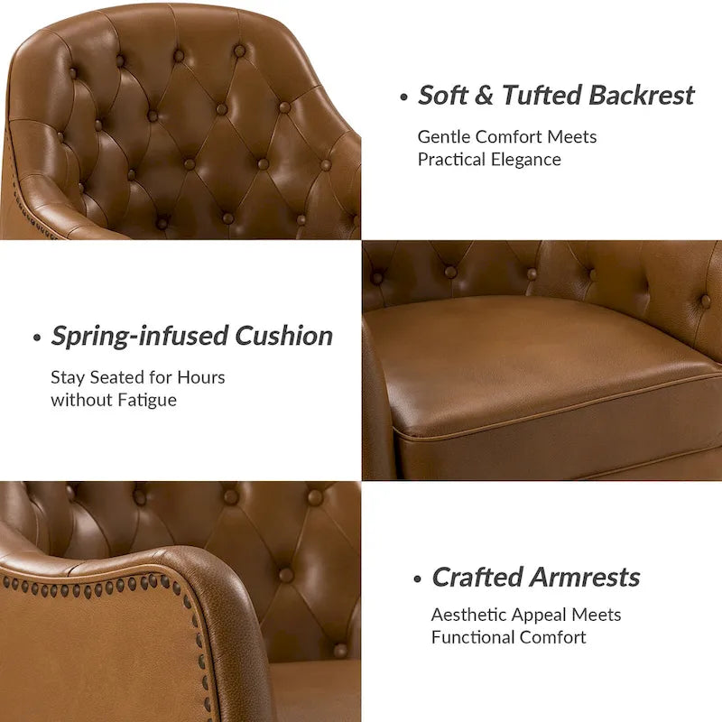 Classic Genuine Leather Barrel Chair With Wooden Legs