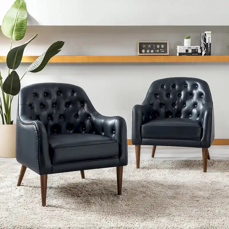 Classic Genuine Leather Barrel Chair With Wooden Legs