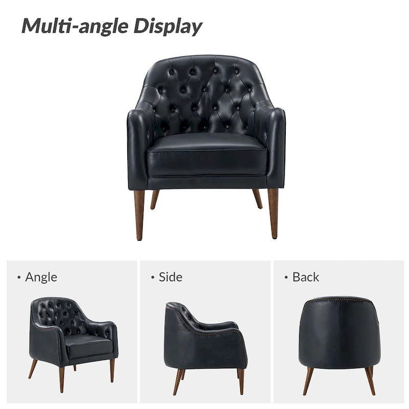 Classic Genuine Leather Barrel Chair With Wooden Legs