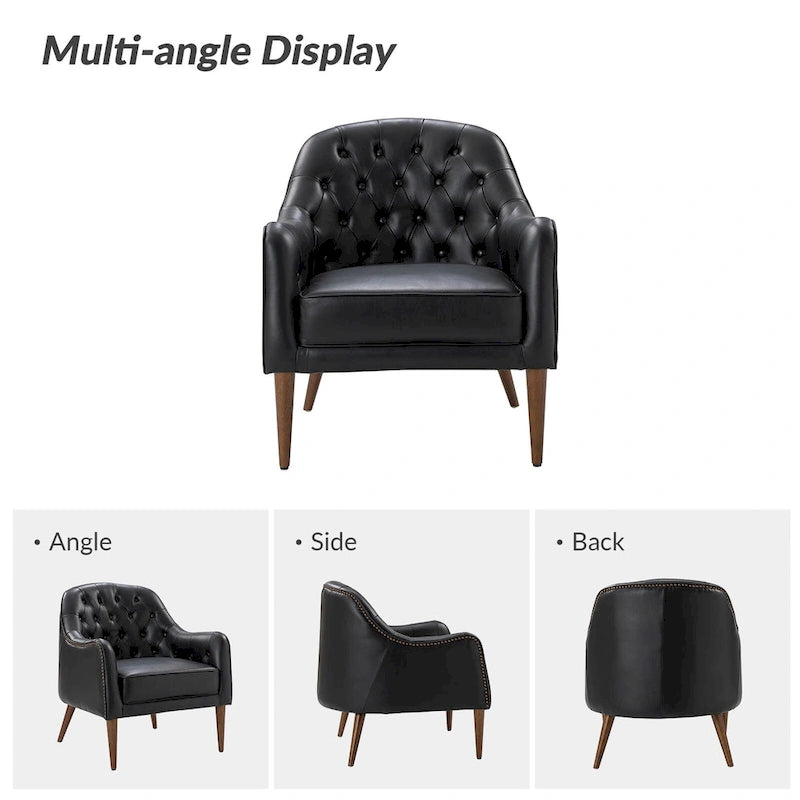 Classic Genuine Leather Barrel Chair With Wooden Legs