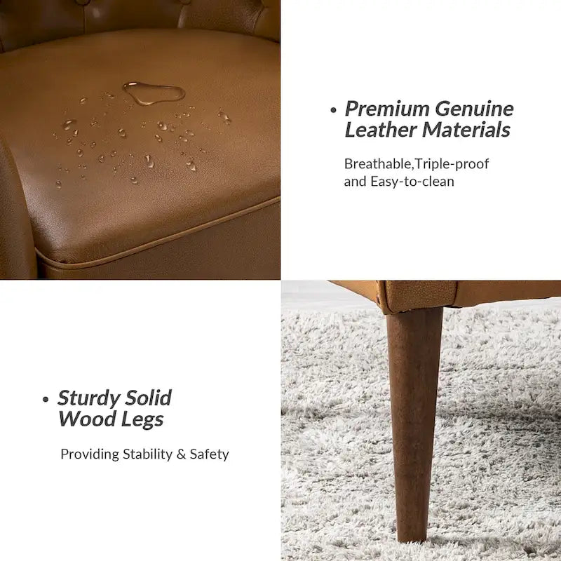 Classic Genuine Leather Barrel Chair With Wooden Legs