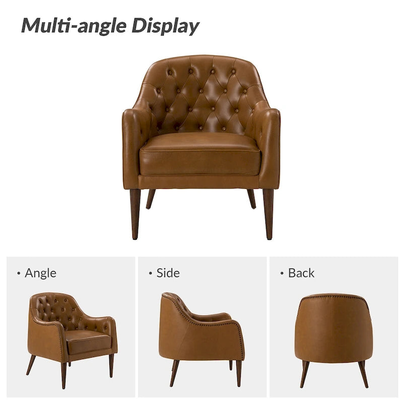 Classic Genuine Leather Barrel Chair With Wooden Legs