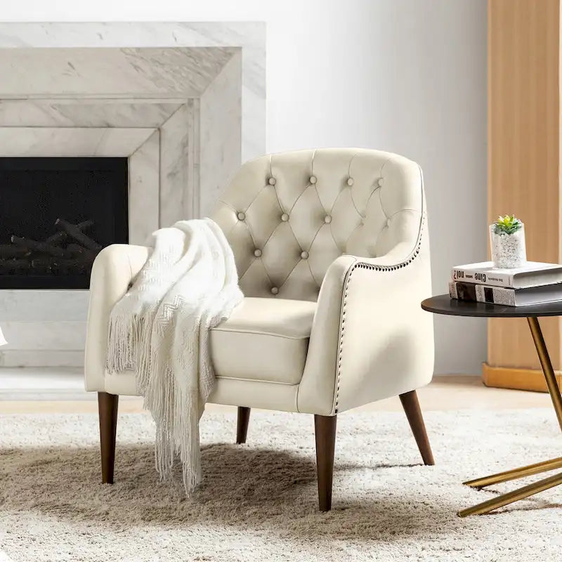 Classic Genuine Leather Barrel Chair With Wooden Legs