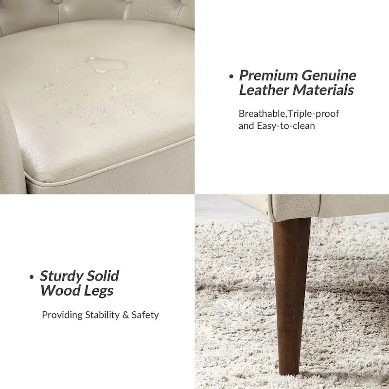 Classic Genuine Leather Barrel Chair With Wooden Legs
