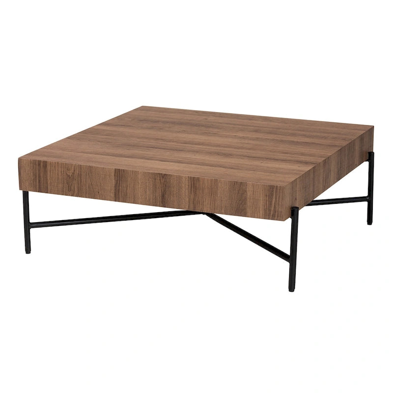 Modern Industrial-Style Coffee Table with Walnut-Finish Wood and Black Metal