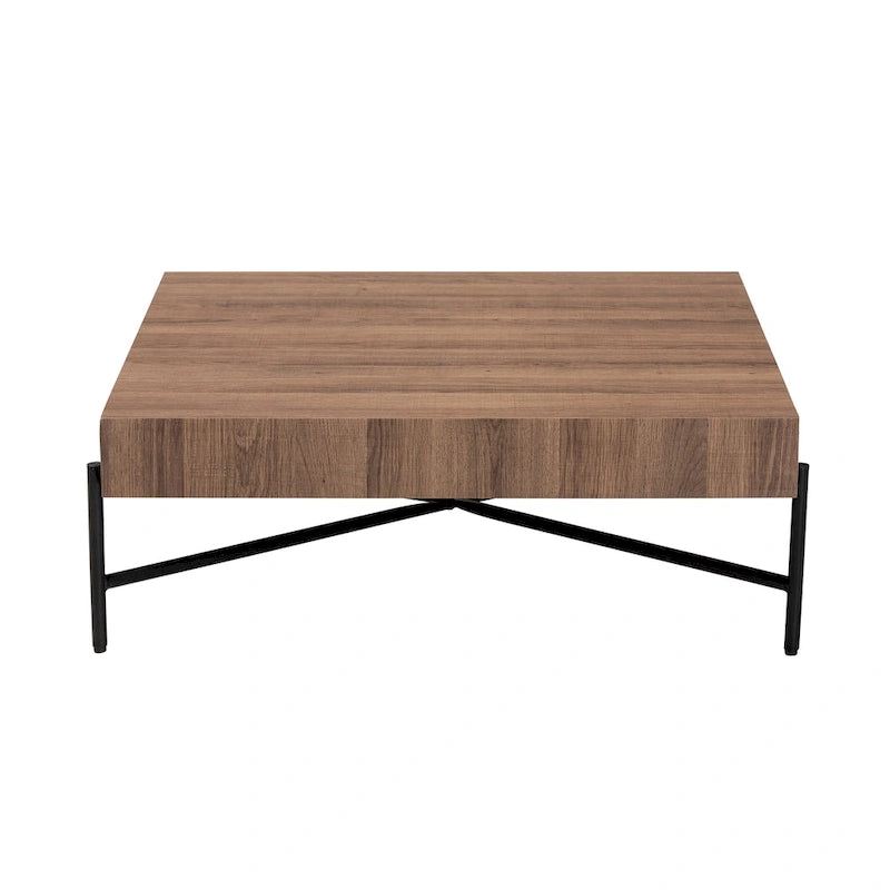 Modern Industrial-Style Coffee Table with Walnut-Finish Wood and Black Metal