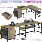 Bureau d'ordinateur en L, tiroir, multiprise, meuble de rangement, sac de rangement