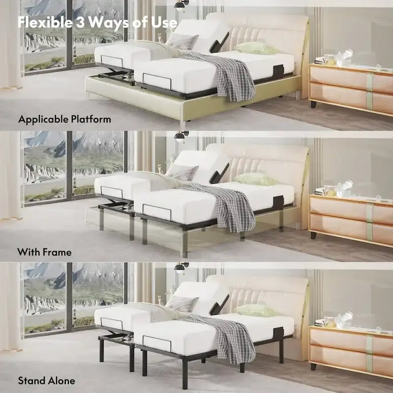 Sommier électrique Twin XL / Queen / King Split — Design zéro jeu, mode zéro gravité, inclut des arrêts matelas