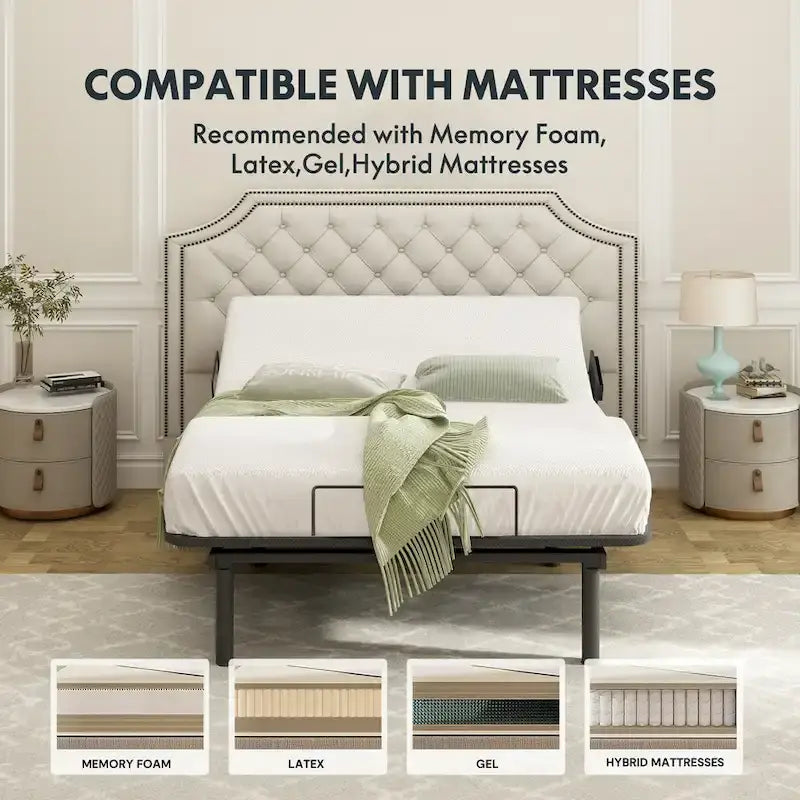 Sommier électrique Twin XL / Queen / King Split — Design zéro jeu, mode zéro gravité, inclut des arrêts matelas