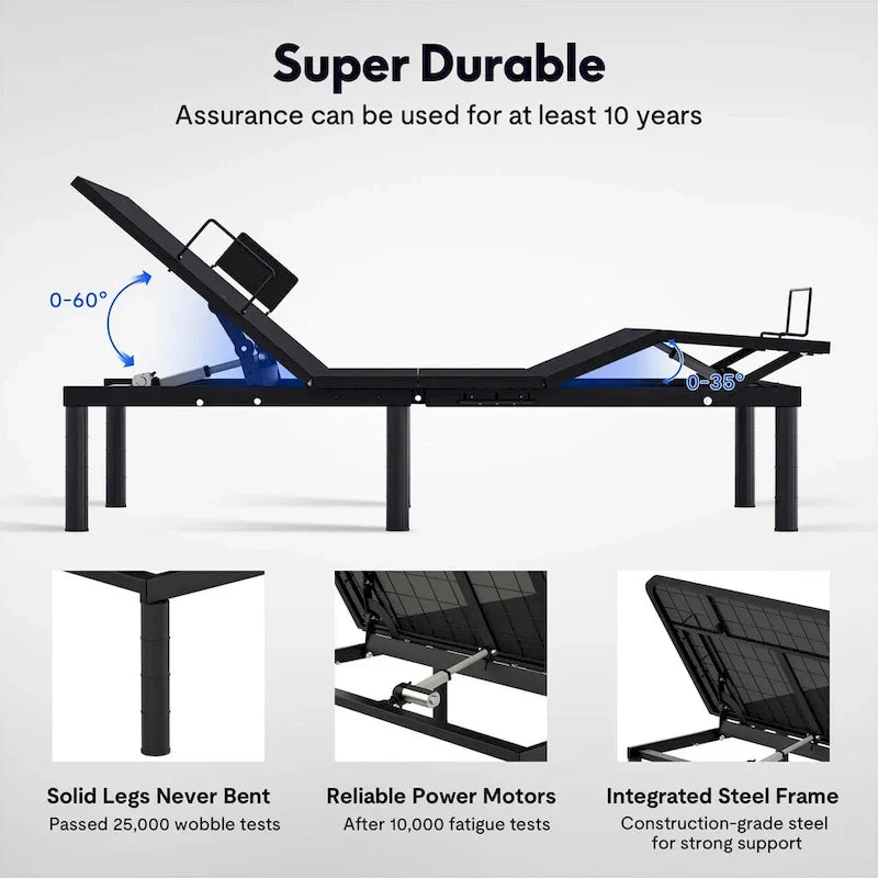 Sommier électrique Twin XL / Queen / King Split — Design zéro jeu, mode zéro gravité, inclut des arrêts matelas