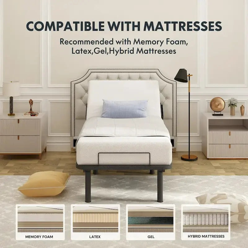 Sommier électrique Twin XL / Queen / King Split — Design zéro jeu, mode zéro gravité, inclut des arrêts matelas