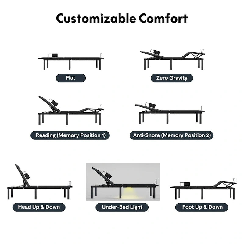 Sommier électrique Twin XL / Queen / King Split — Design zéro jeu, mode zéro gravité, inclut des arrêts matelas