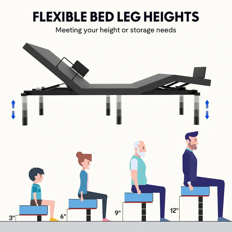 Sommier électrique Twin XL / Queen / King Split — Design zéro jeu, mode zéro gravité, inclut des arrêts matelas
