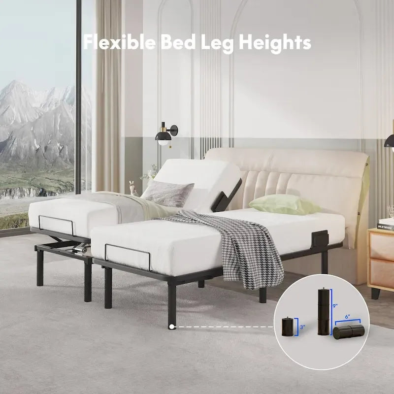 Sommier électrique Twin XL / Queen / King Split — Design zéro jeu, mode zéro gravité, inclut des arrêts matelas