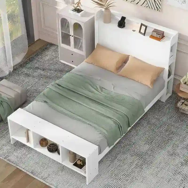 Lit plateforme avec étagères intégrées, lumières LED et ports USB, taille double/simple