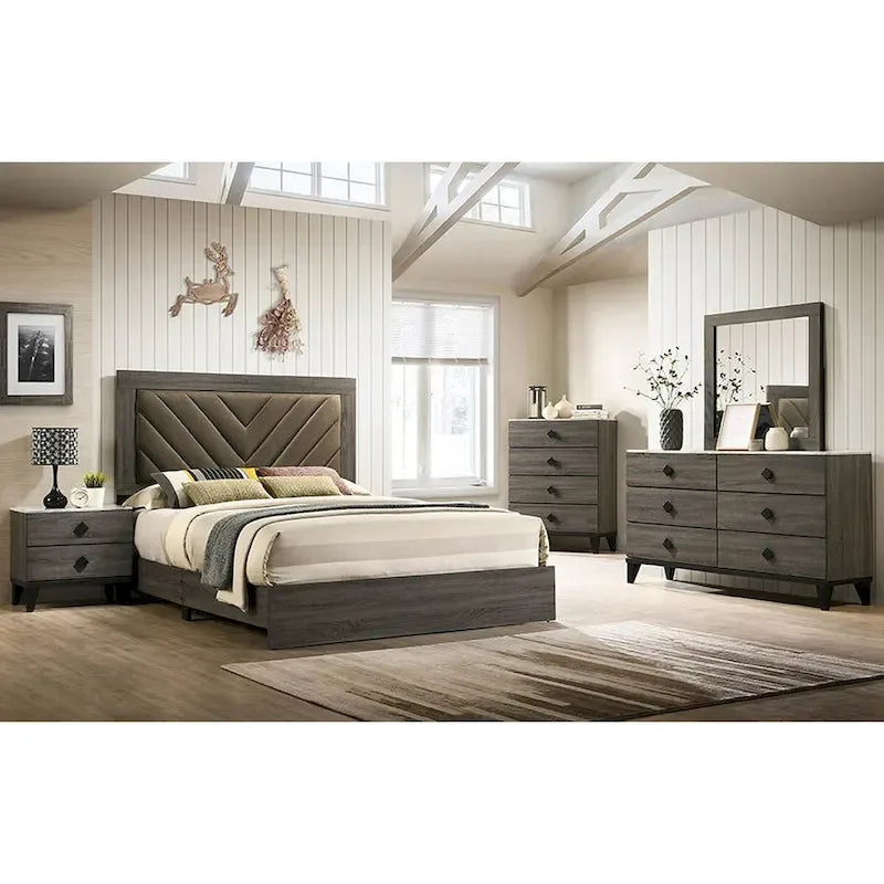 Wooden California King Bed with High Upholstered Headboard